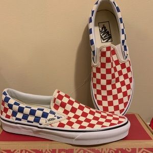 Slip on vans (blue and red checkered)